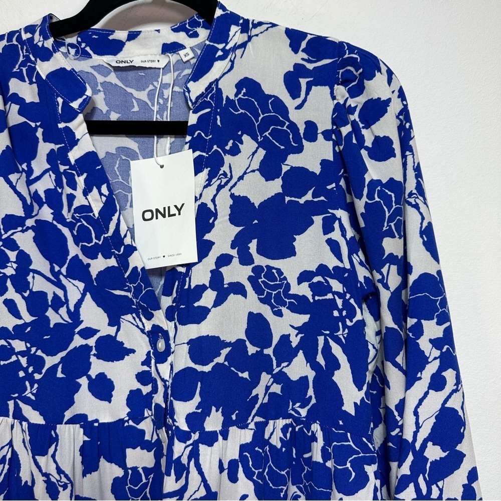 ONLY Blue White Floral Midi Dress Button Front V Neck Lightweight Size XS